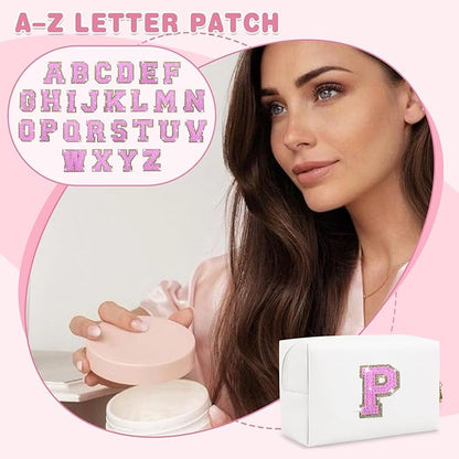 Small Initial Patch Makeup Bag Personalized Gifts Make Up Bag,White Cute PU Leather Glitter Letter Cosmetic Bag with Zipper,Trendy Portable Travel Toiletry Pouch,Preppy Stuff for Teen Girls Women P