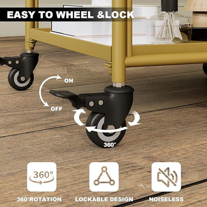 XIV Bar Cart, Metal Serving Cart for Home, Drink Cart, Rolling Beverage Cart with Lockable Wheels, Mobile Rolling Cart for Kitchen and Living Room (Gold)