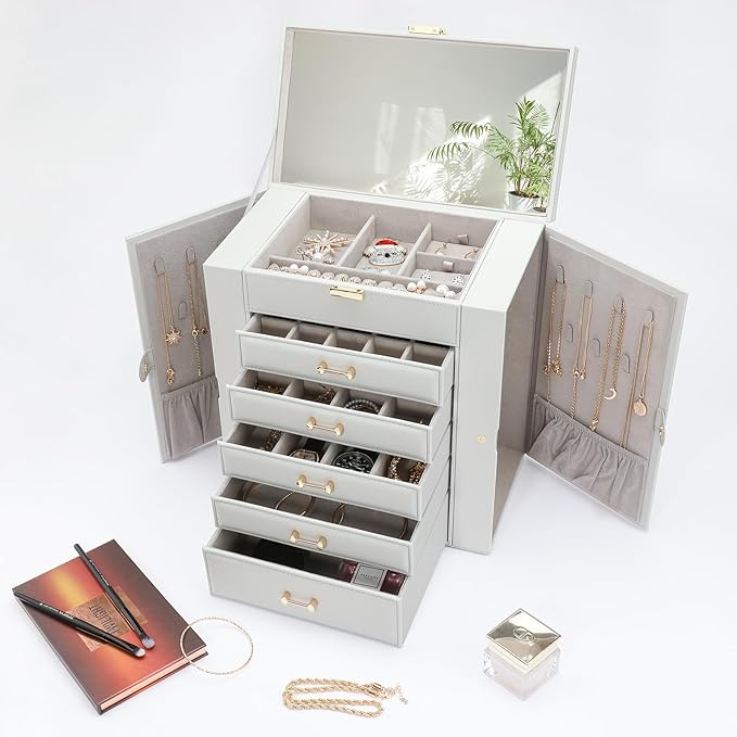 Large Jewelry Box,Jewelry Organizer Box with 5 Drawers,6-Tier Jewelry Boxes Organizers Jewelry Storage Case with Mirror,Extra Large Jewelry Boxes for Women(Grey)