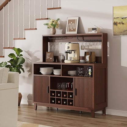 Fluted Buffet Cabinet with Storage, Modern Coffee Bar Cabinet with Outlet, Removable Wine Rack, Multi-Functional Accent Liquor Cabinet for Living Room, Entryway, Kitchen, Walnut