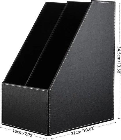 KINGFOM Wooden Leatherette Desktop File Folder Organizer and Document File Stand Journals Magazine Rack 2 Slots (black)