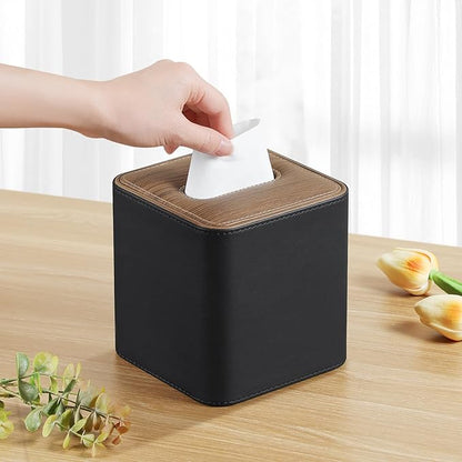 Cretkhp Tissue Box Cover Square, Modern PU Leather Tissue Holder with Magnetic Closure for Bathroom NightStands, Decorative Square Tissue Box Holder (Black)