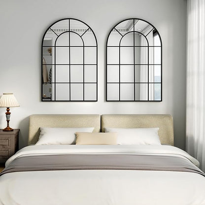 24"×36" Windowpane Arched Wall Mirror, Grid-Designed Decorative Farmehouse Wall Mounted Mirror with Metal Frame Hanging Leaning for Entryway, Living Room, Home Decor, Black