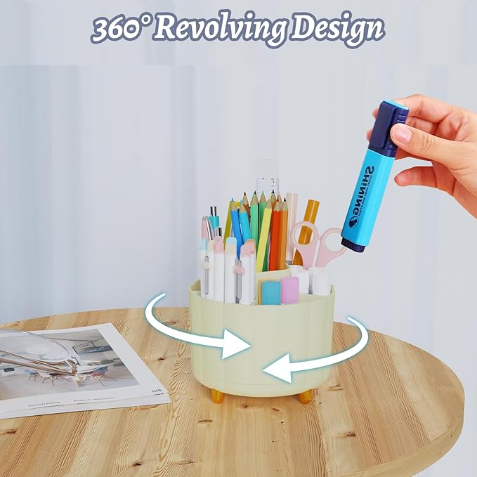 360 Degree Rotating Pen Holder for Desk, 6 Slots Desktop Organizer Caddy for Pens, Pencils, Markers, Multi-Functional Pencil Cup & Office Supplies Holder, Beige