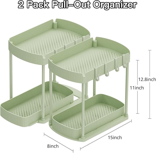 Ukeetap 2 Pack Multi-Purpose Pull-Out Storage Organizers, Under Sink Organizers and Storage for Bathroom & Kitchen, Under Cabinet Organizers and storage, 12.8 Inch, Green