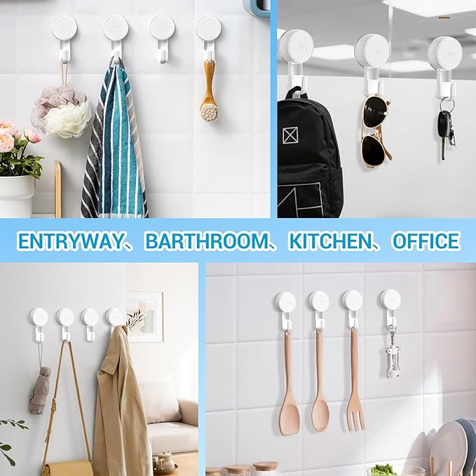 LUXEAR Heavy Duty Waterproof Shower Hooks 4 Pack - Suction Hook, No Drill Damage-Free Removable Reusable Wall Hooks for Bathroom Kitchen Towel Bathrobe Loofah Shower Hooks (Max Load 11LB/5KG)
