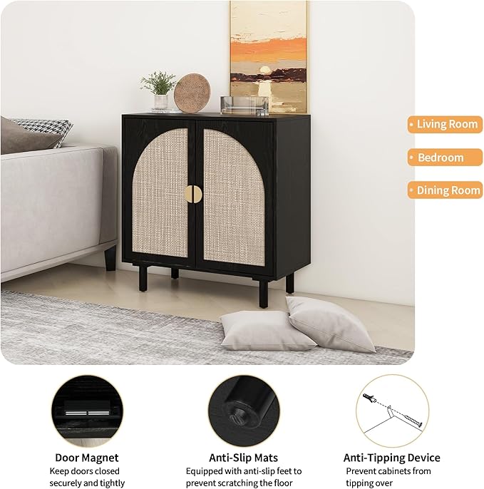 Black Rattan Cabinet-2-Doors,Sideboard Buffet Cabinet with Storage-Accent Storage Cabinet with Cane Door, Boho Wood Credenza for Dining Room, Bathroom, Study, Kitchen