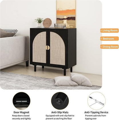 Black Rattan Cabinet-2-Doors,Sideboard Buffet Cabinet with Storage-Accent Storage Cabinet with Cane Door, Boho Wood Credenza for Dining Room, Bathroom, Study, Kitchen