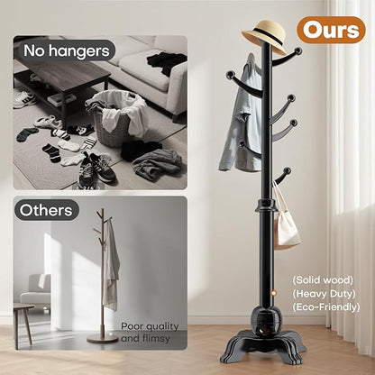 Hall Tree, Freestanding Wood Tree Rack with 7 Hooks, Coat Rack with Stable Sphere Base, Wooden Coat Rack Stand, Load 210 lb, Coat Hanger Stand for Entryway, Hallway, Bedroom (Black)