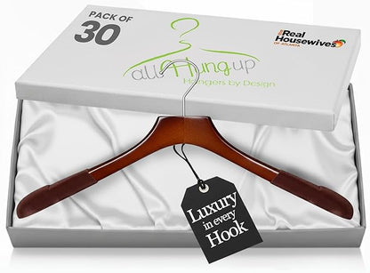 Premium Luxe Wooden Hangers for Women, Wide Shoulder Design for Dresses, Skirts, Sweaters & Blouses, Heavy Duty with Velvet Grip, High Gloss Brown with Brown Velvet, 30 pcs