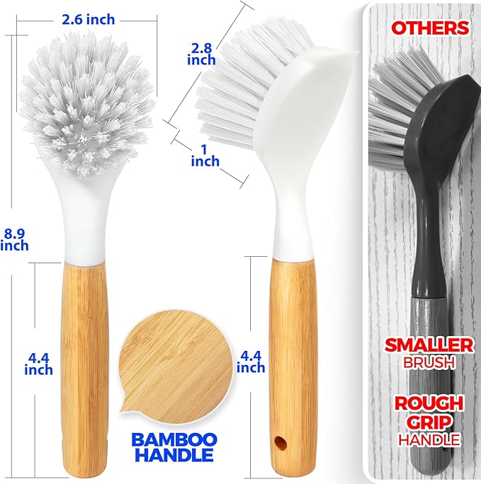 Holikme 3 Pack Dish Brush Set with Bamboo Handle, Kitchen Cleaner for Cleaning Pasta Plate, Salad Bowl, Scrubber with Soft Bristles, White