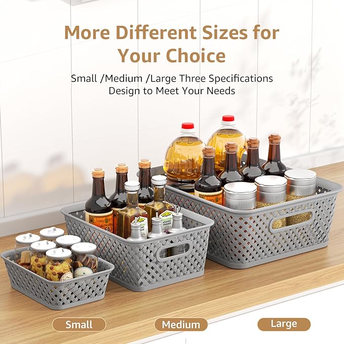 MaxGear 3 Pack Plastic Storage Baskets, Large, Grey | Durable Woven Plastic with Built-In Handles, Suitable for Shelves, Closets, Cabinets, Bathrooms and Offices