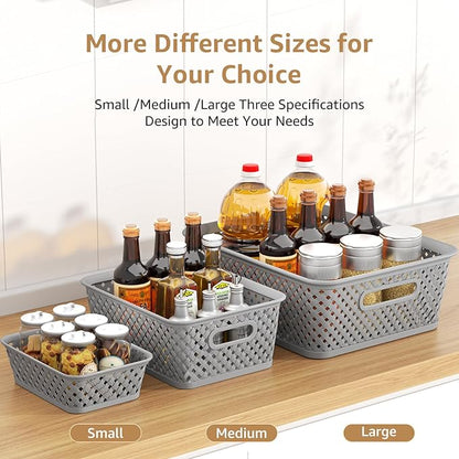 MaxGear 3 Pack Plastic Storage Baskets, Large, Grey | Durable Woven Plastic with Built-In Handles, Suitable for Shelves, Closets, Cabinets, Bathrooms and Offices