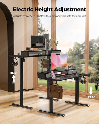 FiCiHi Standing Desk with Drawers, C-Clamp Mount Compatible, 48x24 Inch Electric Adjustable Height Computer Stand Up Desks, Home Office Sit Stand Table with 3 Preset Heights & 2 Hooks, Black