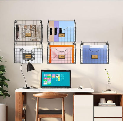 5-Tier Over the Door File Organizer, Stackable Hanging Wall Files Rack with Door Hooks Wall Organizers, SVertical Wall File Storage with Tag for Office Home and Work Easy Organizing - Black