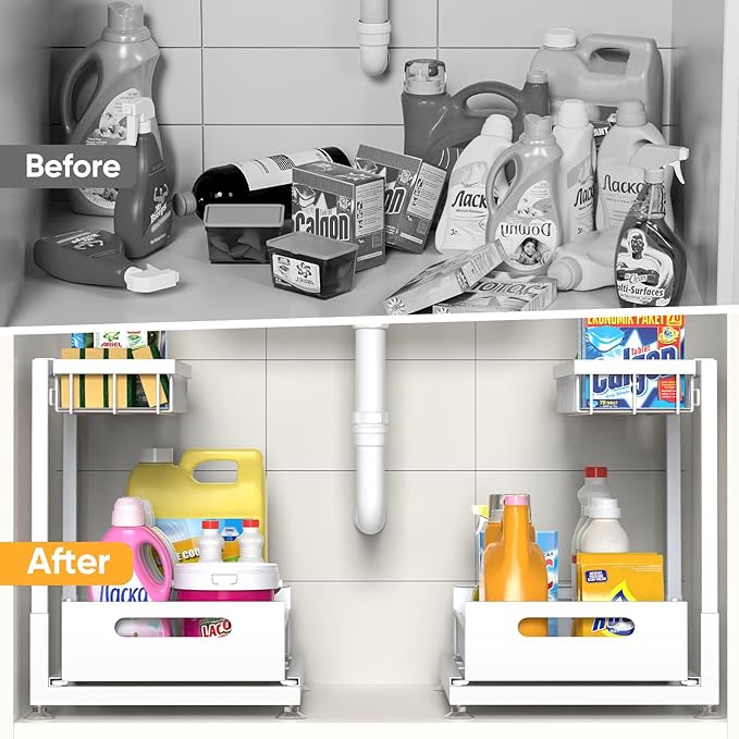 Under Sink Organizer Storage 2-Tier Premium Metal Pull-Out Kitchen Cabinet Organizer with Sliding Drawer, Height Adjustable, Heavy Duty for Kitchen & Bathroom Organizers 2 Pack White