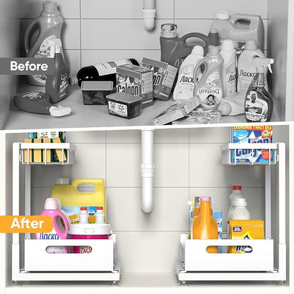 Under Sink Organizer Storage 2-Tier Premium Metal Pull-Out Kitchen Cabinet Organizer with Sliding Drawer, Height Adjustable, Heavy Duty for Kitchen & Bathroom Organizers 1 Pack White
