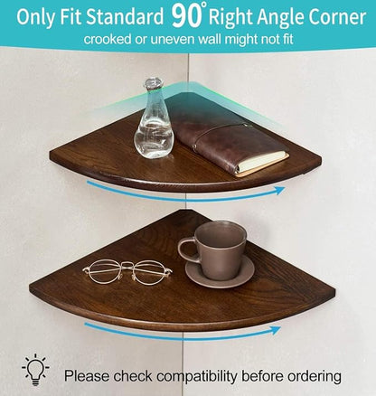 Conamily Corner Shelf,12inch Walnut Solid Wood Floating Corner Shelves Wall Mount Round End Floating Speaker Rack with Wire Hole for Small Plant for Bedroom Kitchen