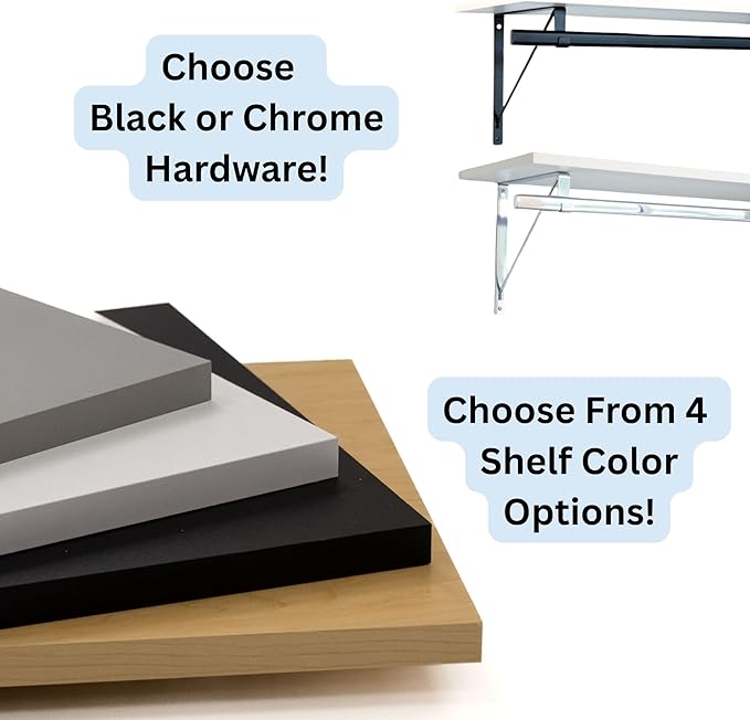 Custom Cut-to-Size Premium Wall-Mounted Shelf with Rod and Bracket Kit. 3/4" Thick Shelves, 14 inches deep. Customize The Length from 16" up to 72".