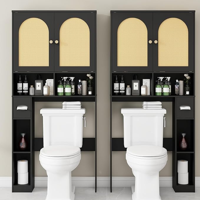 Over The Toilet Storage Cabinet, Wood Over Toilet Bathroom Organizer Cabinet with 2 Doors, Freestanding Home Space Save Toilet Rack for Restroom, Bathroom, Laundry, Black