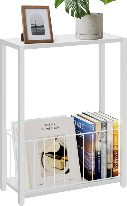 Narrow Side Table with Magazine Holder, Skinny End Table Perfect for Small Spaces, Space-Saving Design for Living Room, Bedroom, or Office, 7.1" D x 16.9" W x 23.6" H, White