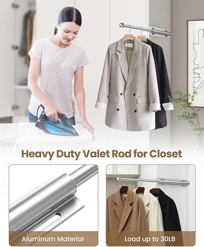 Supforce 2 PACK Valet Rod for Closet Pull Out, Retractable Slide Out Valet Rod Closet Organization, 12" Aluminum Valet Clothing Hanger Rods Perfect for Suits, Freshly Pressed Clothes, Polished Chrome