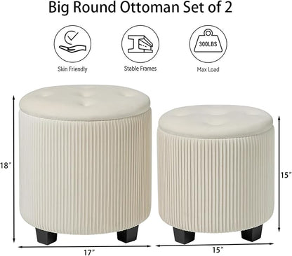BLEXA Big Round Ottoman with Storage Set of 2, Upholstered Velvet Vanity Stool for Makeup Multifunctional Foot Rest Coffee Table Padded Seat Tufted Ottomans for Living Room&Bedroom (Large White)