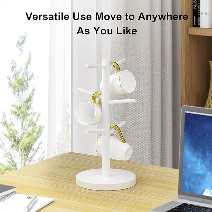Wisuce White Coffee Mug Tree, Updated Thick Bamboo Mug Holder Base,Coffee Cup Stand Mug Holders with 6 Hooks for Countertop Organizer Stand