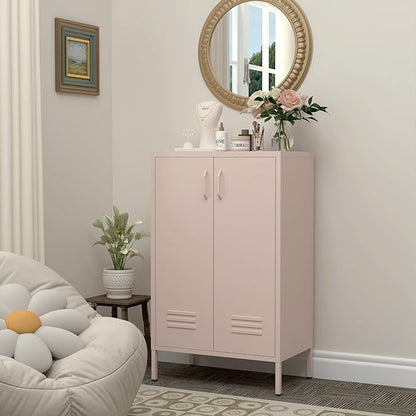 Storage Cabinet,2 Doors Locker Cabinet with Legs,Entryway Cabinet with Adjustable Shelves,Metal Locker Storage Cabinets for Office,Classroom,Bedroom,Pink
