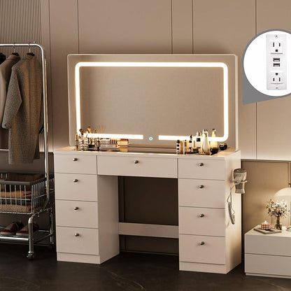 46 INCH Makeup Vanity Desk with Mirror - Glass Tabletop Vanity Table with Lights, Drawers, Power Outlet, Large Storage Desk for Bedroom, White