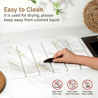 Small Stone Dish Drying Mat for Kitchen Counter, 15.7"×12" & 8"x4" Quick Dry Stone Mats, Foldable Water Absorbing Diatomaceous Earth Drying Dish Pad for Countertop Bottles Utensils Cup(Gold White)