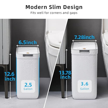 MOPALL 2 Pack Bathroom Trash Can with Lid, 3.6Gal + 2.5Gal Small Garbage Can Set with Pop-Up Lid, Slim Trash Bin Waste Basket for Toilet, Office, Bedroom, Living Room (White)