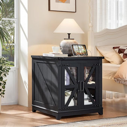 Farmhouse Coffee Table Sets 2 Pieces, Large End Side Tables with Charging Station and Coffee Table with Hidden Storage Compartment, Black Living Room Table Set, Wood Furniture Sets for Home Office