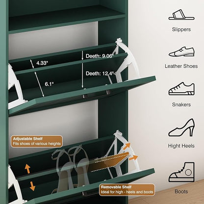 Shoe Storage Cabinet with 2 Flip Drawers, 24" W Farmhouse Modern Hidden Shoes Rack Cabinet with Adjustable Shelves & Open Storage, Narrow Slim Shoe Organizer for Front Door Entrance, Entryway, Green