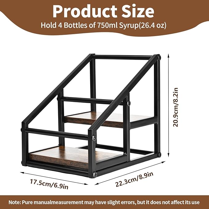 YQBRAO Coffee Syrup Rack Organizer,Liquor Bottle Display Shelf,2-Tier 4 Bottle Stand for Coffee Bar, Kitchen Station, Liquor, Wine, Dressing,Rustic Brown