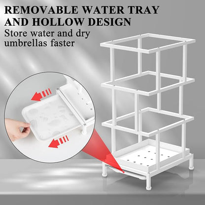Alyoen Umbrella Holder for Entryway, Metal Umbrella Stand with Water Tray and Cane Holder, Adjustable Feet, 10.4 x 8.4 x 18.7 in, Suitable for Home, Office, and Shopping Mall (White)