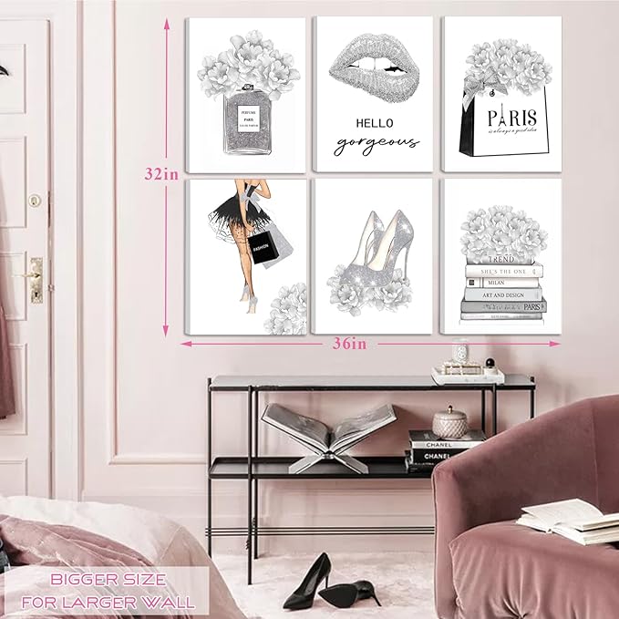 Glam Gray Fashion Wall Decor, FRAMED Woman Makeup Room Wall Art, Fashion Silver Girly Beauty Room Picture Wall Decor for Office Bedroom Bathroom, Watercolor Perfume Handbags High Heels Lipstick Wall Paintings, Ready to Hang (Set of 6, 12x16 in, Framed)