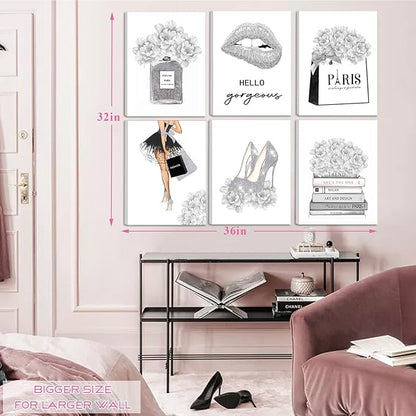 Glam Gray Fashion Wall Decor, FRAMED Woman Makeup Room Wall Art, Fashion Silver Girly Beauty Room Picture Wall Decor for Office Bedroom Bathroom, Watercolor Perfume Handbags High Heels Lipstick Wall Paintings, Ready to Hang (Set of 6, 12x16 in, Framed)