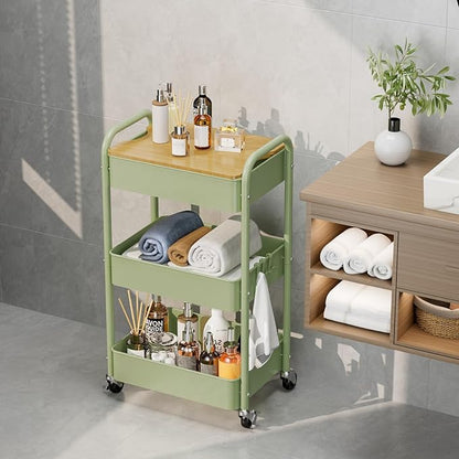 johgee 3 Tier Rolling Cart with Table top, Metal Rolling Utility Cart, Sturdy Storage Organizer Cart with Locking Wheels & Hooks for Office, Classroom, Kitchen and Bathroom