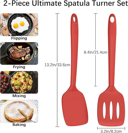 Coukre 2 Pack Silicone Spatula Set, High Heat Resistant, BPA Free Kitchen Spatula, Solid & Slotted Turner for Non-Stick Pans, Sautéing, and Flipping (2, SolidRed)