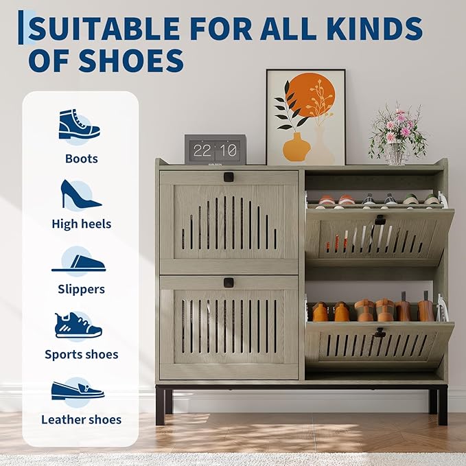 Garvee 4 Flip Drawer Shoe Cabinet with Adjustable Shelves, Hidden Shoe Organizer with Large Capacity, Freestanding Wooden Shoe Rack for Entryway, Hallway, Living Room, Washed Gray