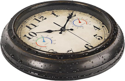 12 Inch Outdoor Clock with Thermometer and Hygrometer Combo, Waterproof Indoor Outdoor Wall Clocks for Patio, Pool,Garden Decor- Retro Bronze