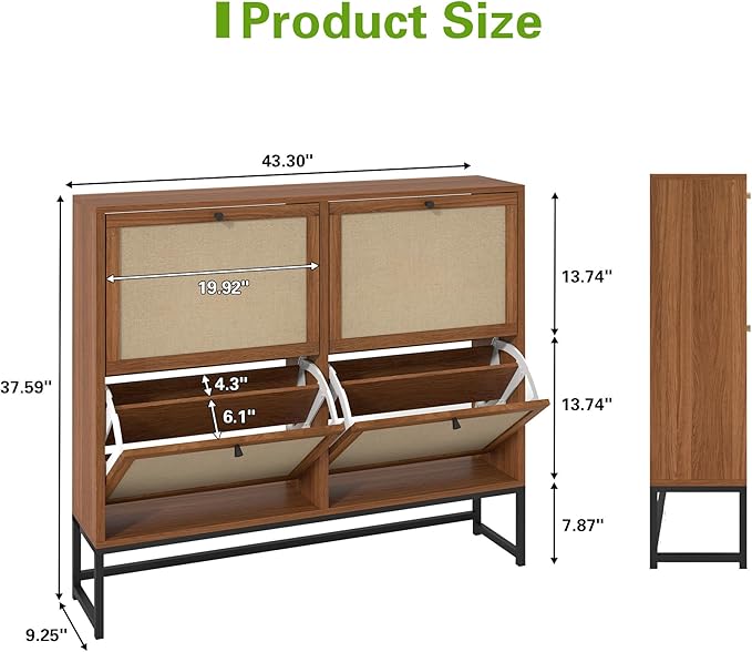 Shoe Cabinet, Shoe Storage Cabinet with 4 Flip Drawers, Freestanding Shoe Organizer Shoe Rack for Entryway, Hallway, Living Room (Walnut - 8 Tiers)