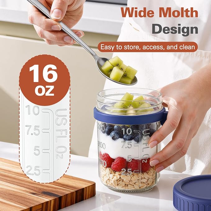 6 Pack Overnight Oats Containers with Lids and Spoons, 16 oz Airtight Oatmeal Container with Measurement Marks, Overnight Oats Jars for Cereal Fruit Vegetable Milk Salad Yogurt Meal Prep