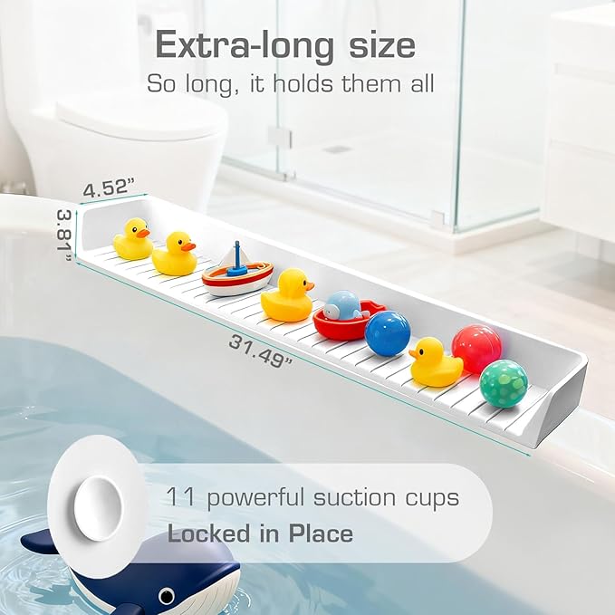 31.5" Bathtub Splash Guard for Kids & Toddlers - Silicone Play Shelf & Toy Storage Tray with Strong Suction Cups to Prevent Water Spills, No-Leak Fun Bath Time - Tub Toy Holder Ledge,White