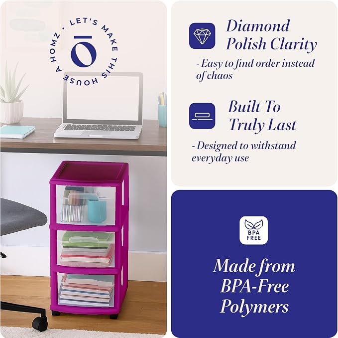 HOMZ 3-Drawer Storage Cart, Plastic Home and Office Organizer, Purple Frame