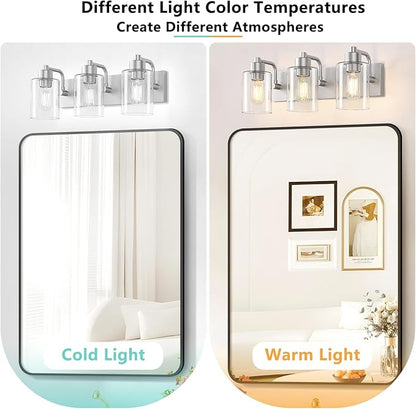 Brushed Nickel Bathroom Light Fixtures, Wall Mounted 3-Light Bathroom Lights Over Mirror with Clear Glass Shade,Wall Sconces for Kitchen Living Room Bedroom
