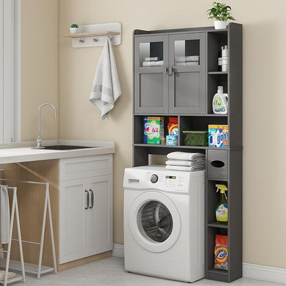 Vabches Over The Toilet Storage Cabinet, Bathroom Shelf Over Toilet with Glass Doors and Adjustable Shelves, Natural Grey Freestanding Home Space Save Toilet Rack, for Restroom, Bathroom, Laundry