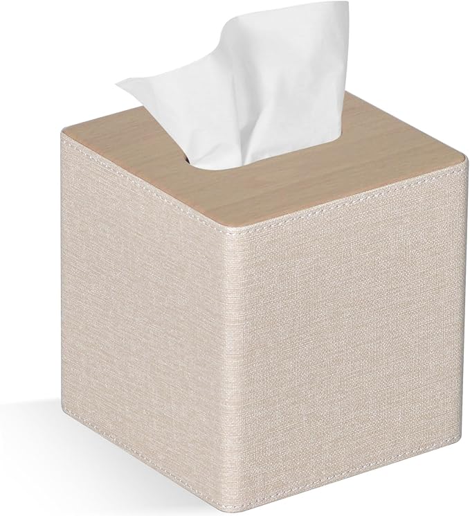 GOLRANLYE Tissue Box Cover Square PU Leather Facial Tissue Box Holder for Dresser Bathroom Decor (Beige)