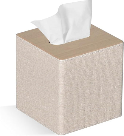 GOLRANLYE Tissue Box Cover Square PU Leather Facial Tissue Box Holder for Dresser Bathroom Decor (Beige)